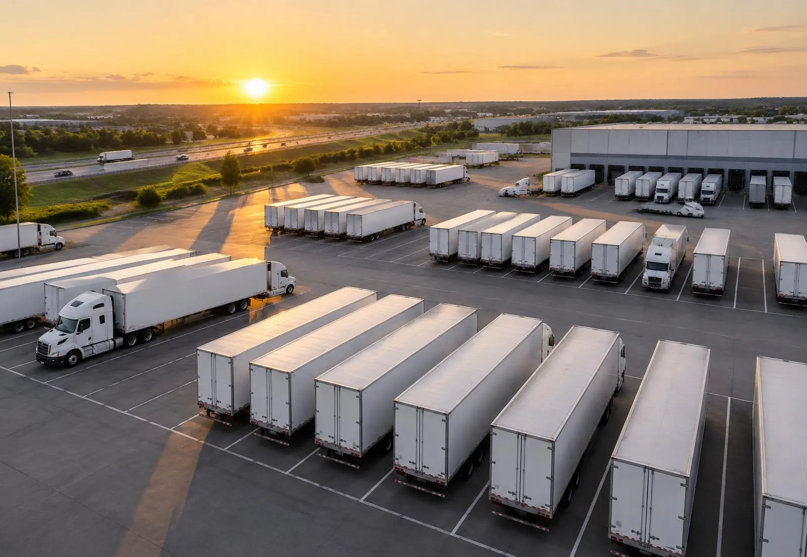 Aerial view of a truck yard with semi-trailers parked in marked storage rows